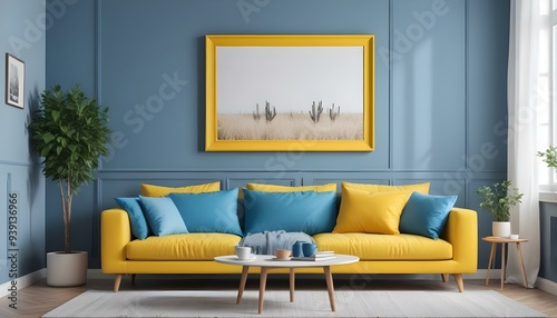 Interior mockup In a white room a blue sofa is placed next to a photo frame on the wall