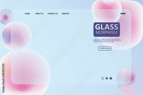 Website landing page template in glassmorphism style. Horizontal