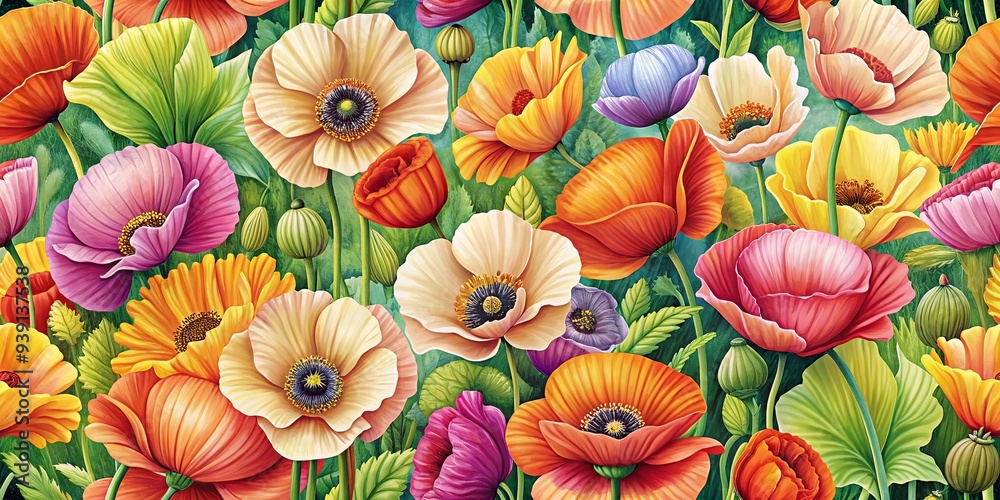 Seamless pattern of vibrant poppy flowers in a botanical garden setting, perfect for a spring design Seamless pattern of vibrant poppy flowers in a botanical garden setting, perfect for a spring design