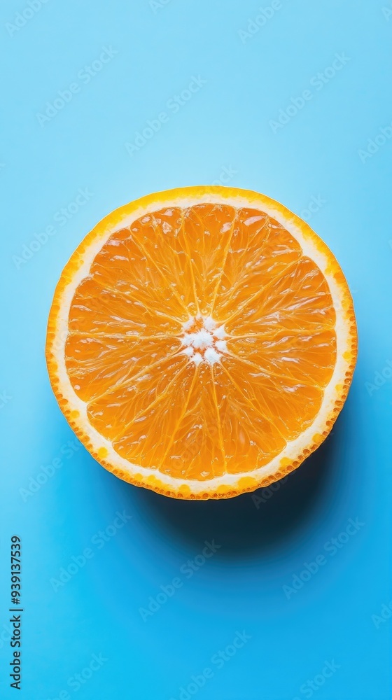 Freshly cut orange slice on a vibrant blue background, showcasing juicy texture and bright color, perfect for food and health themes. Freshly cut orange slice on a vibrant blue background, showcasing juicy texture and bright color, perfect for food and health themes.