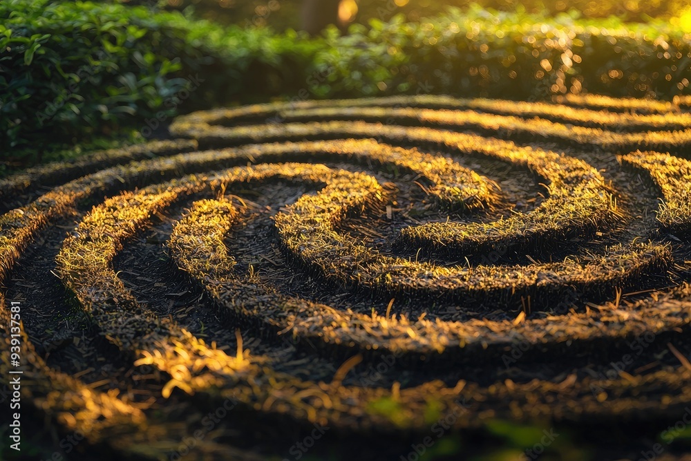 A serene spiral maze created from grass, illuminated by warm sunlight, perfect for relaxation and meditation. A serene spiral maze created from grass, illuminated by warm sunlight, perfect for relaxation and meditation.
