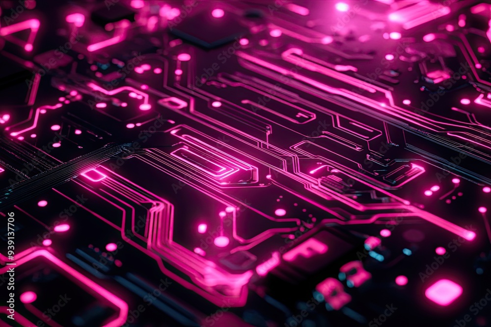 Vibrant close-up of a circuit board with glowing pink lines, showcasing modern technology and intricate design. Vibrant close-up of a circuit board with glowing pink lines, showcasing modern technology and intricate design.