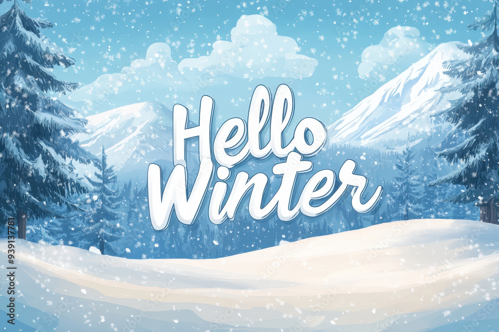 Snow falling on a coniferous forest with the text hello winter in the background, evoking a sense of peace and tranquility Snow falling on a coniferous forest with the text hello winter in the background, evoking a sense of peace and tranquility