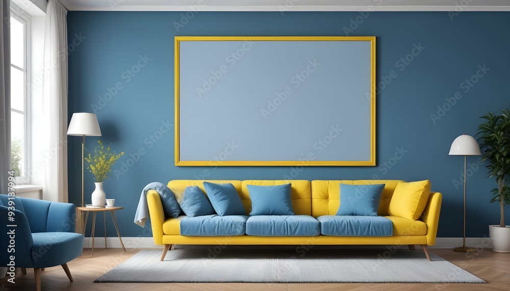 Interior mockup In a white room a blue sofa is placed next to a photo frame on the wall Interior mockup In a white room a blue sofa is placed next to a photo frame on the wall