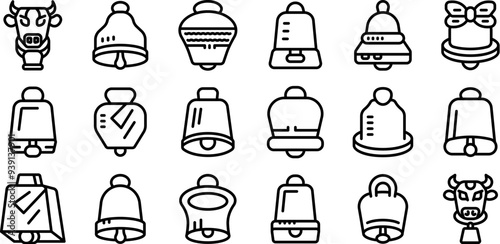 Cowbell icons set. Line art icon set representing different styles of bells, including cowbells, christmas bells, and handbells