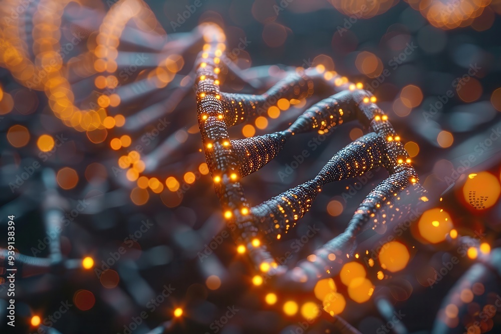 Glowing DNA double helix strand with genetic code. Concept for genetic engineering, genomics, and biotechnology. Glowing DNA double helix strand with genetic code. Concept for genetic engineering, genomics, and biotechnology.