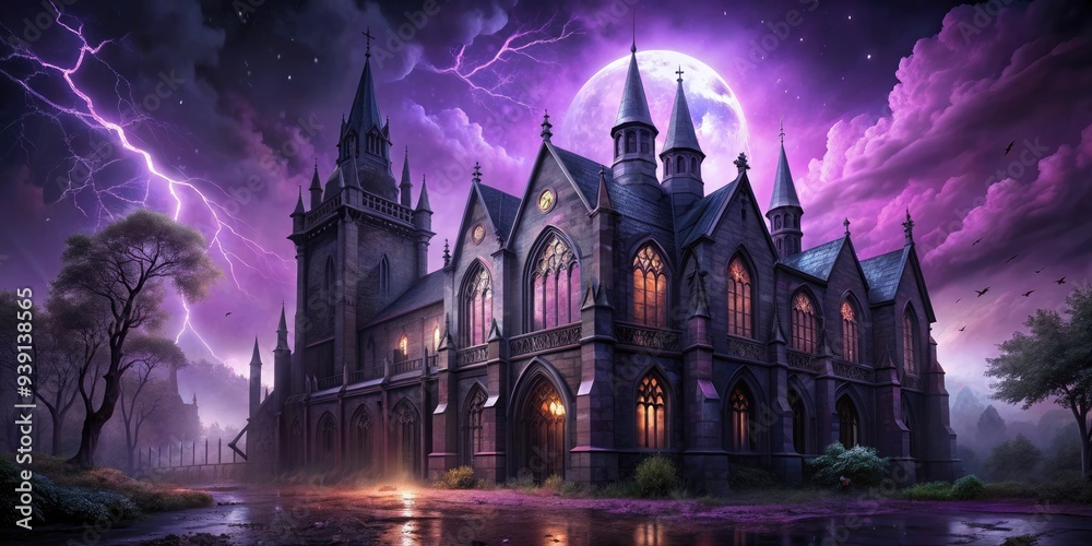 Fototapeta premium Haunted Hail Night: Gothic architecture, eerie shadows, ominous purples, crumbling stone