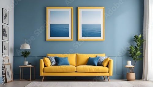 Interior mockup In a white room a blue sofa is placed next to a photo frame on the wall