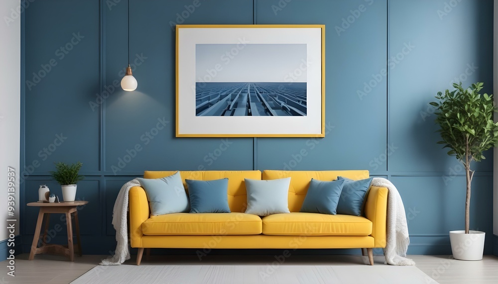 Interior mockup In a white room a blue sofa is placed next to a photo frame on the wall Interior mockup In a white room a blue sofa is placed next to a photo frame on the wall