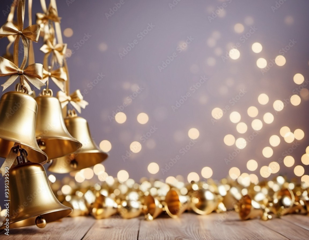 Golden bells hanging against copy space background. Bells are in focus, with their intricate details. Image evokes a sense of celebration and festivity, making it perfect for holiday-themed projects.