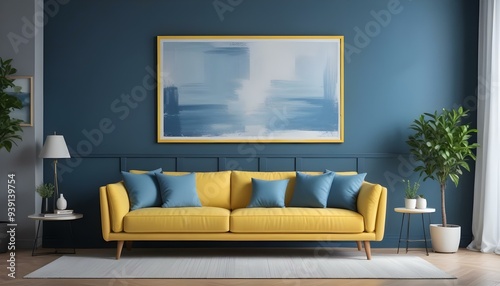 Interior mockup In a white room a blue sofa is placed next to a photo frame on the wall