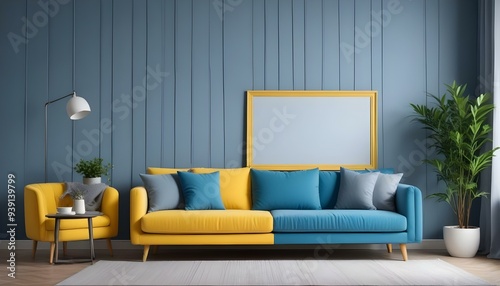 Interior mockup In a white room a blue sofa is placed next to a photo frame on the wall