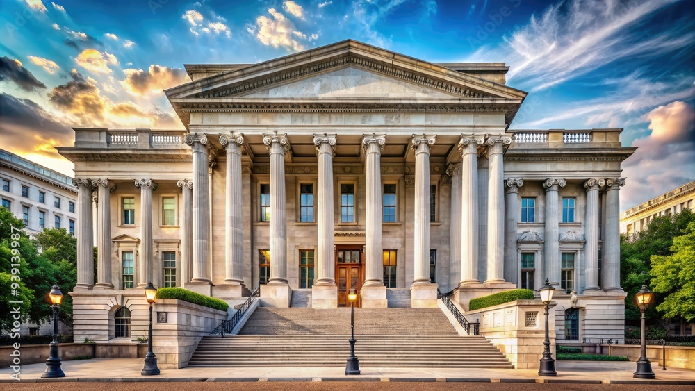 Obraz premium Historic Beaux-Arts style building with granite facade and Corinthian columns in Washington D.C., featuring a grand entrance and iconic architecture.