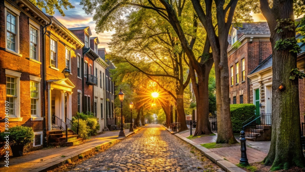 Fototapeta premium Historic buildings and mature trees line the charming cobblestone street in Richmond, Virginia, with a warm golden light casting a sense of nostalgic tranquility.