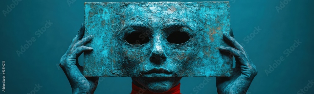 Someone holding a piece of metal with a face on it, creative portrait, banner, copy space Someone holding a piece of metal with a face on it, creative portrait, banner, copy space