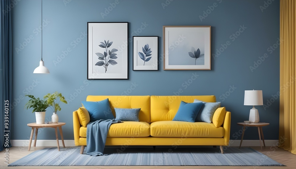 Interior mockup In a white room a blue sofa is placed next to a photo frame on the wall Interior mockup In a white room a blue sofa is placed next to a photo frame on the wall