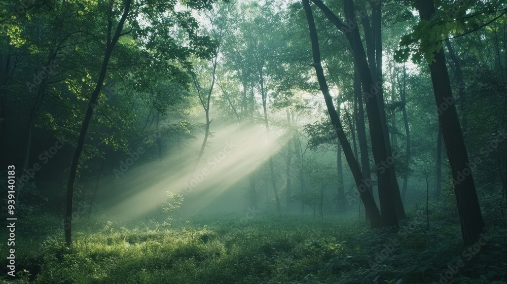 Sunbeams Through Foggy Forest Clearing Sunbeams Through Foggy Forest Clearing