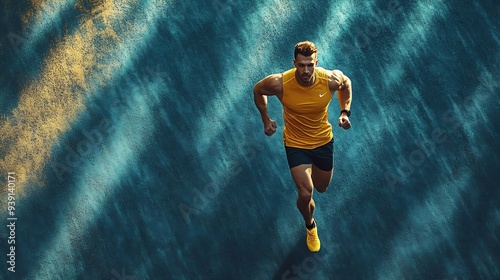 Running man sprinting for success on run Top view athlete runner training at fast speed at asphalt Muscular fit sport model sprinter exercising sprint in yellow sportswear Caucasian fi : Generative AI