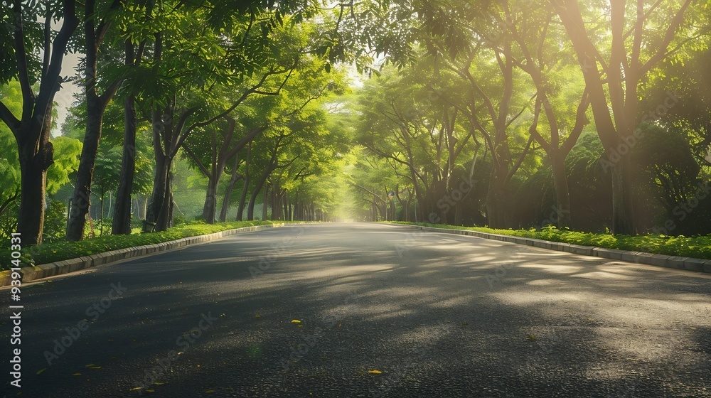 Obraz premium Empty asphalt road through the green trees : Generative AI