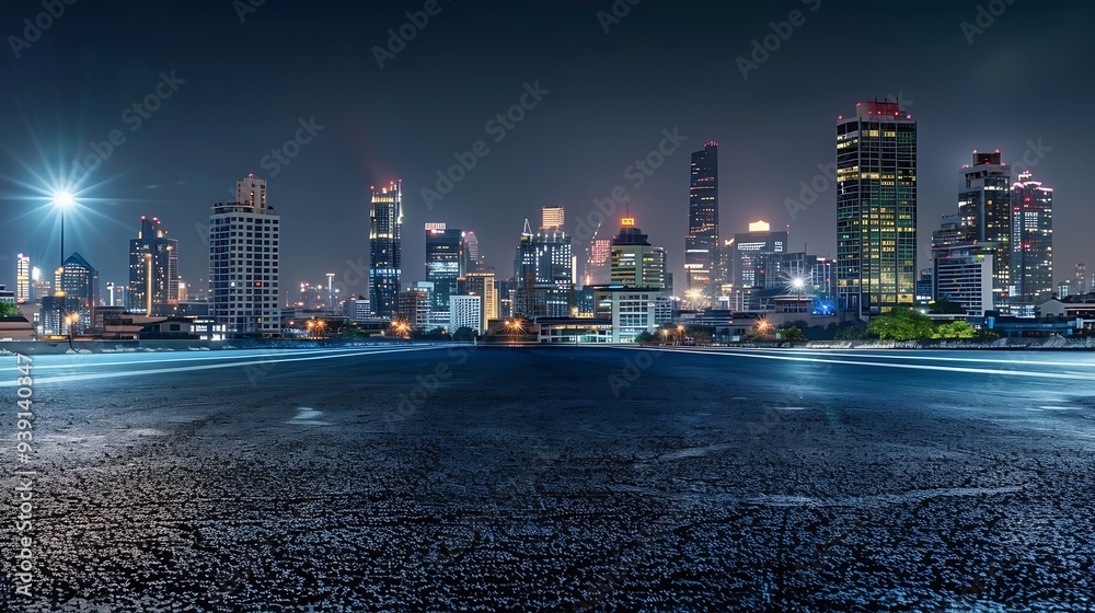 Obraz premium Bangkok urban cityscape skyline night scene with empty asphalt floor on front : Generative AI