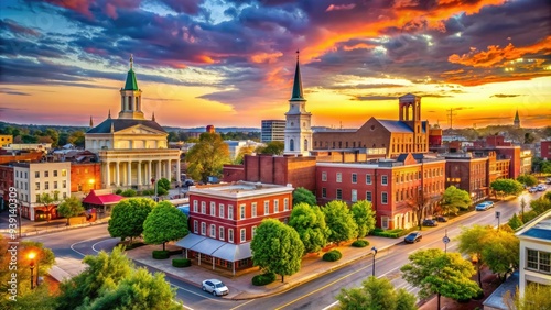 Historic downtown Macon, Georgia, with vibrant colors and charming architecture, featuring iconic buildings, scenic streets, and warm Southern charm. photo