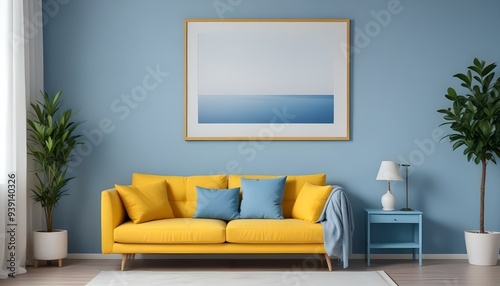 Interior mockup In a white room a blue sofa is placed next to a photo frame on the wall