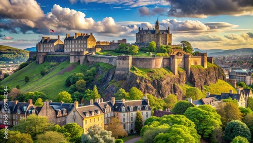 Historic Edinburgh Castle sits atop a dormant volcano, overlooking the scenic Scottish capital city's charmingRoyal Mile and picturesque Princes Street Gardens. photo