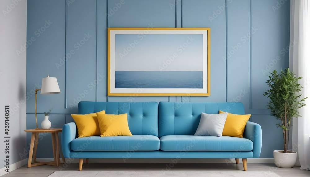 Interior mockup In a white room a blue sofa is placed next to a photo frame on the wall Interior mockup In a white room a blue sofa is placed next to a photo frame on the wall