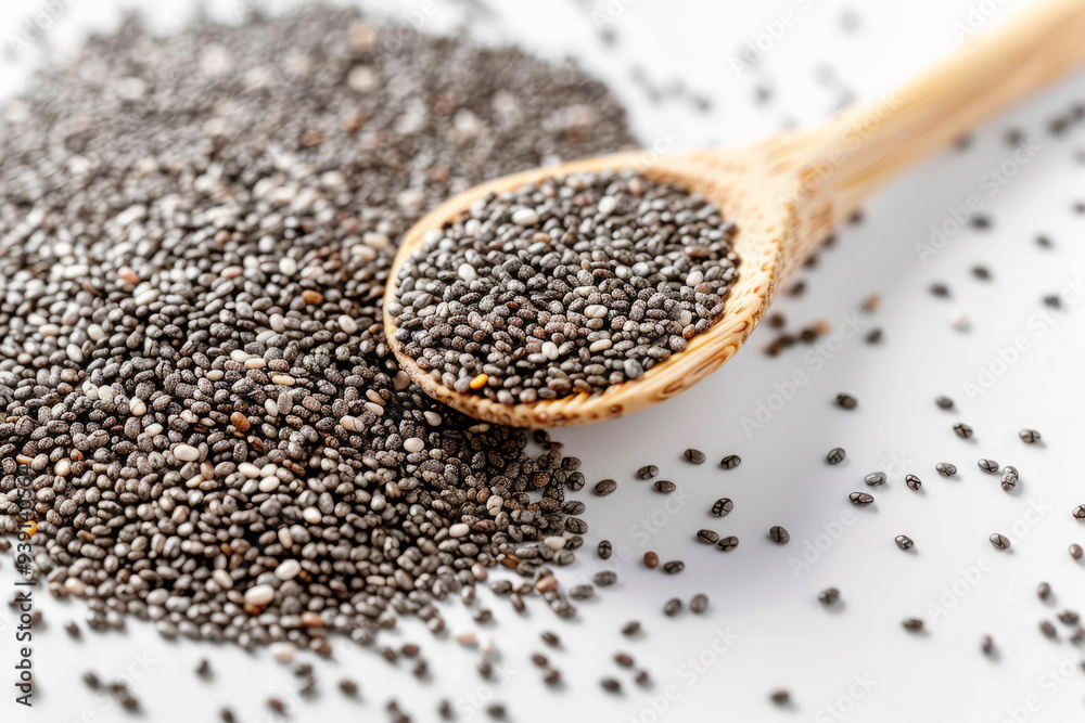 Chia seeds in wooden spoon isolated on white background. Top view