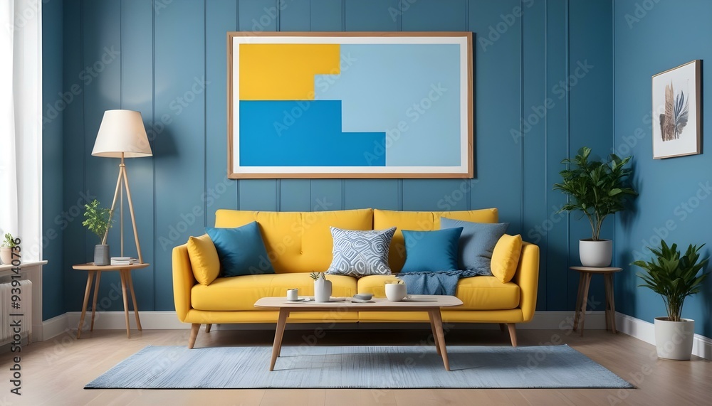 Interior mockup In a white room a blue sofa is placed next to a photo frame on the wall Interior mockup In a white room a blue sofa is placed next to a photo frame on the wall