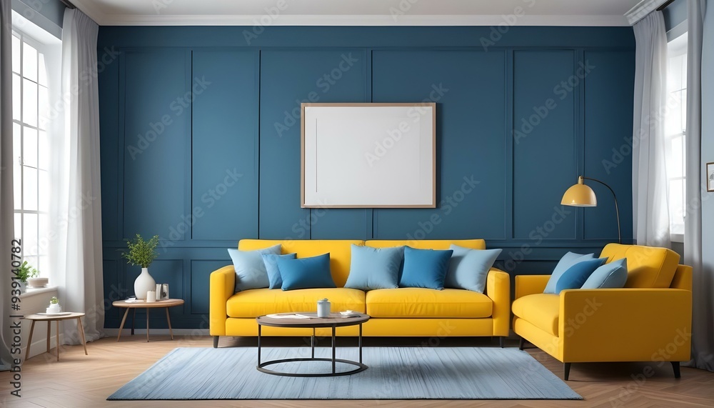 Interior mockup In a white room a blue sofa is placed next to a photo frame on the wall Interior mockup In a white room a blue sofa is placed next to a photo frame on the wall