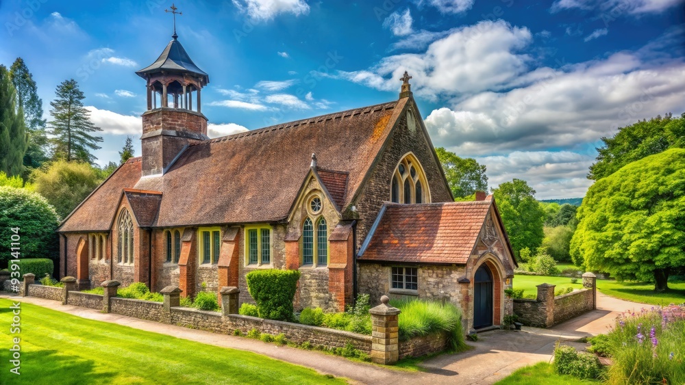 Historic stone-built village church with adjacent traditional red-brick school building, surrounded by lush greenery, in a quaint rural English countryside setting. Historic stone-built village church with adjacent traditional red-brick school building, surrounded by lush greenery, in a quaint rural English countryside setting.