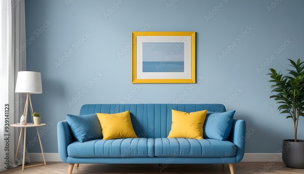 Interior mockup In a white room a blue sofa is placed next to a photo frame on the wall Interior mockup In a white room a blue sofa is placed next to a photo frame on the wall