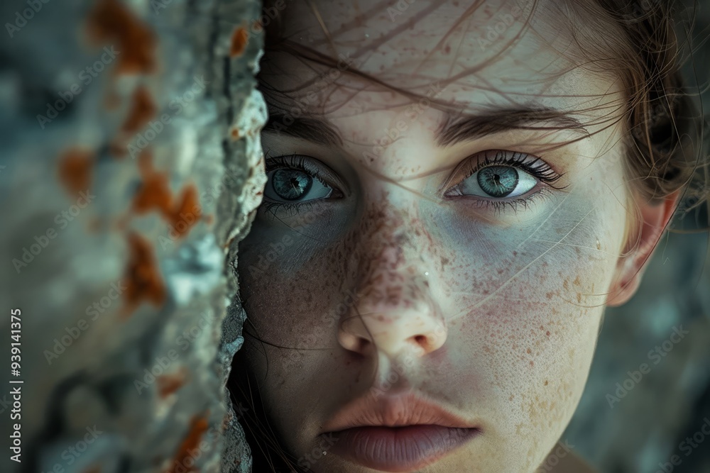 A close-up portrait of a girl with striking blue eyes and freckles against a textured rocky background, capturing an intimate moment of reflection A close-up portrait of a girl with striking blue eyes and freckles against a textured rocky background, capturing an intimate moment of reflection