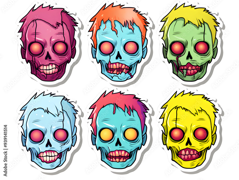 Zombie head kawaii stickers with vibrant color Zombie head kawaii stickers with vibrant color