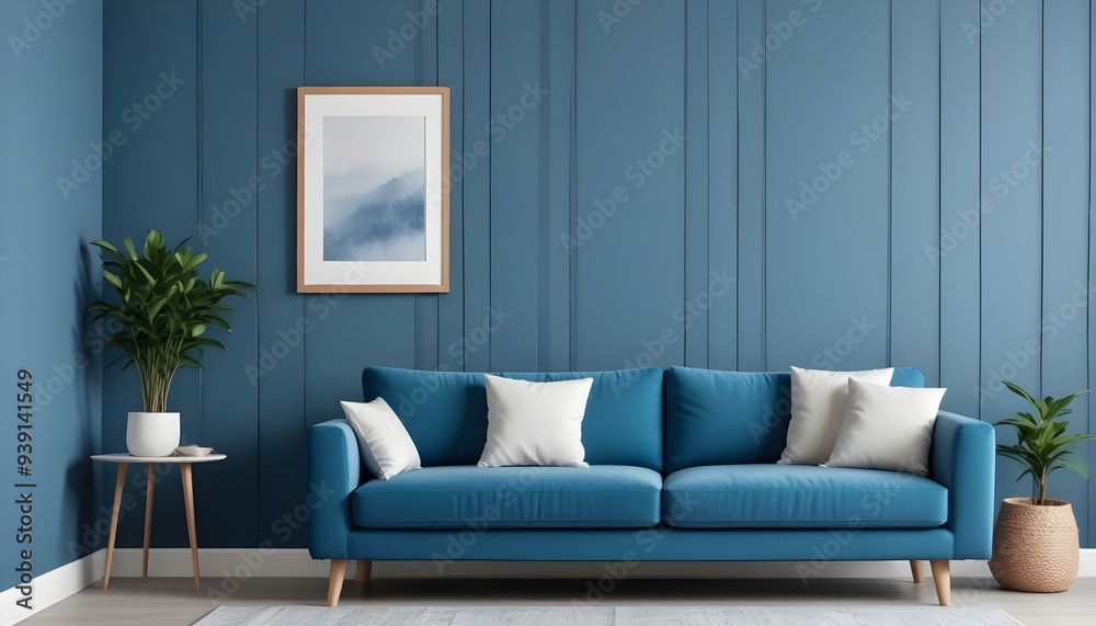 Interior mockup In a white room a blue sofa is placed next to a photo frame on the wall Interior mockup In a white room a blue sofa is placed next to a photo frame on the wall
