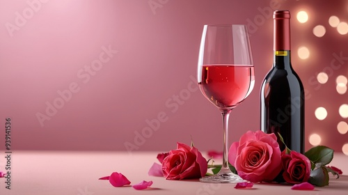 Fototapeta Naklejka Na Ścianę i Meble -  Romantic dinner setup candles roses cozy ambiance wine bottle elegant plating