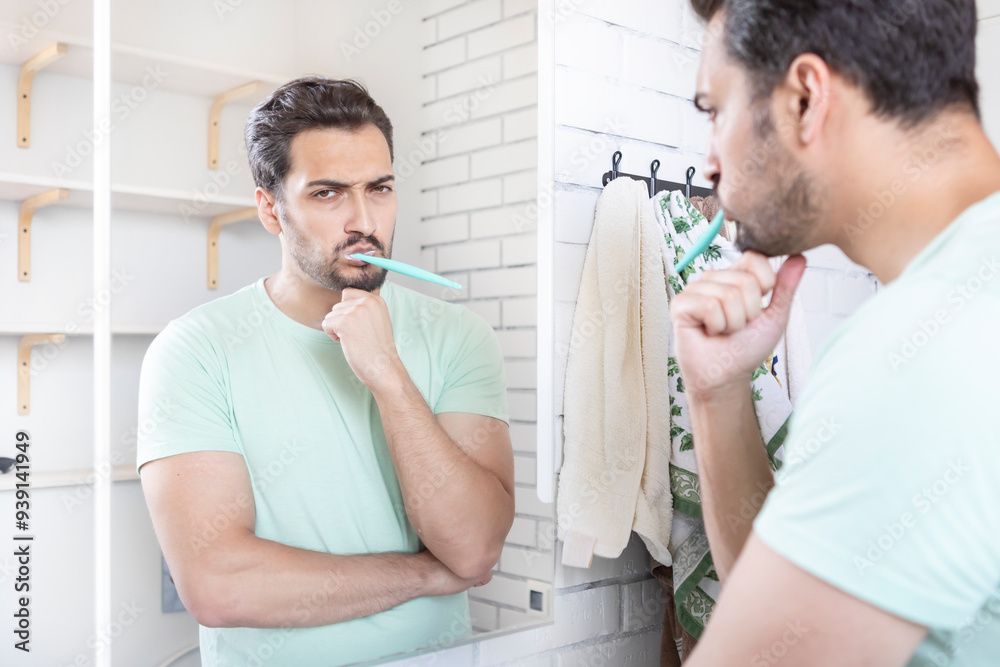 Handsome man brushing teeth in the bathroom Handsome man brushing teeth in the bathroom