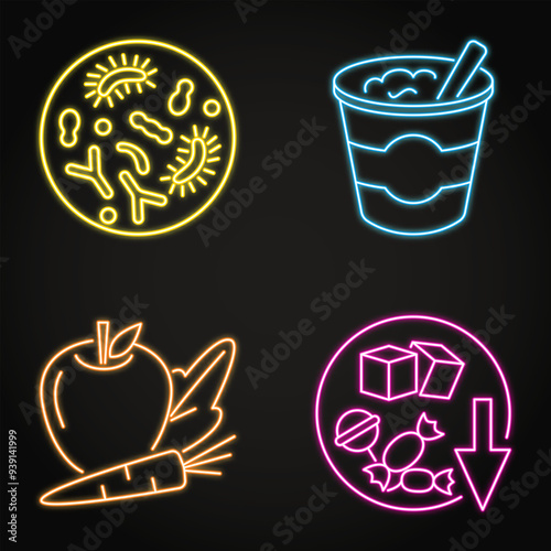 Gut flora neon icon set