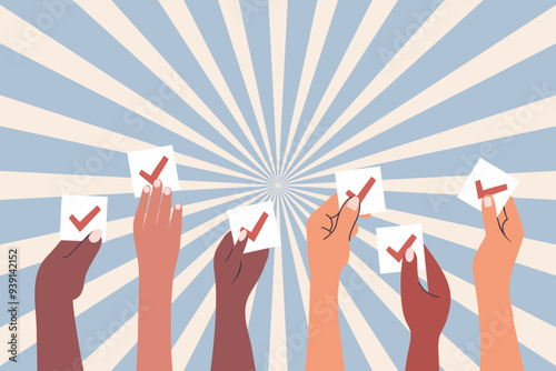 Diverse human hands holding vote ballots. Voting and elections concept. Illustration in flat style