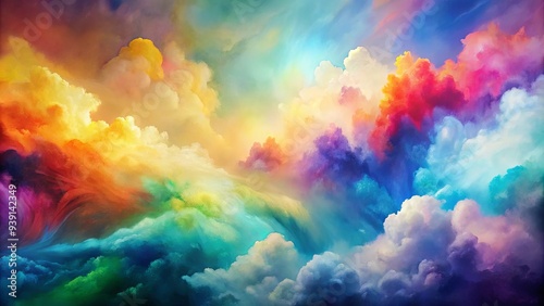 Abstract watercolor painting of a colorful cloudscape in rainbow hues