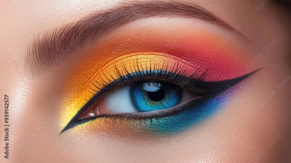 Colorful eye makeup on a woman, featuring a mix of vibrant shades, creating a stunning visual impact. Colorful eye makeup on a woman, featuring a mix of vibrant shades, creating a stunning visual impact.
