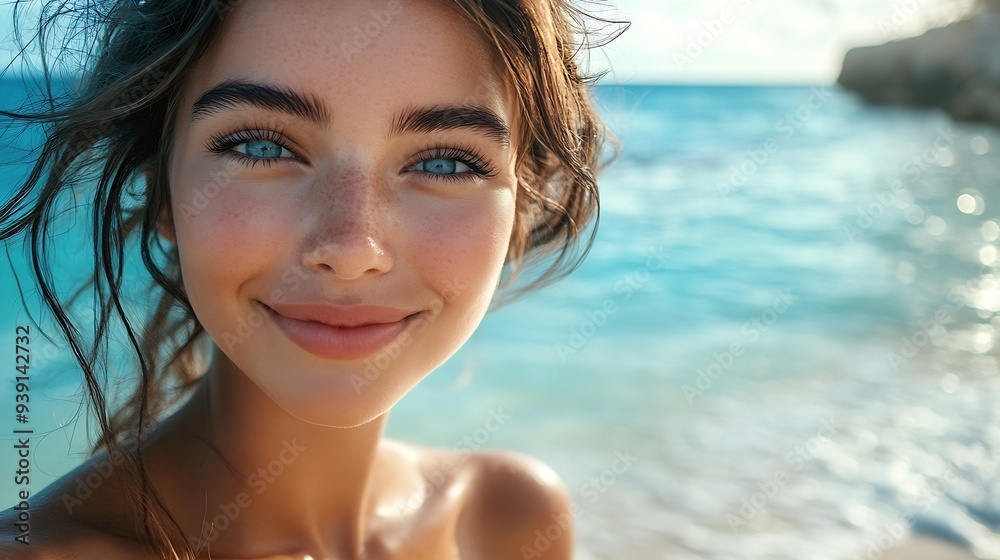 Close up shot of good looking female tourist enjoys free time outdoor near ocean on beach looks at camera during leisure on sunny summer day poses for selfie Happy smiling tourist in t : Generative AI Close up shot of good looking female tourist enjoys free time outdoor near ocean on beach looks at camera during leisure on sunny summer day poses for selfie Happy smiling tourist in t : Generative AI