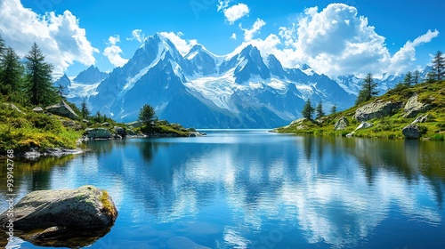 Beautiful Summertime View of Chamonix's Lac Blanc with Mont Blanc in the Distance: A Stunning Outdoor Scene in the Vallon de Berard Nature Reserve, Graian Alps, France. 