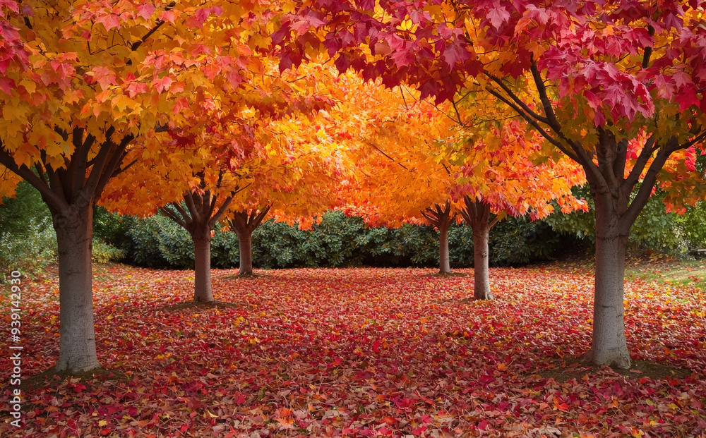 Bosque con árboles presentado hojas doradas y cesped cubierto de hojas otoñales caídas, sobre fondo de vegetación verde Bosque con árboles presentado hojas doradas y cesped cubierto de hojas otoñales caídas, sobre fondo de vegetación verde
