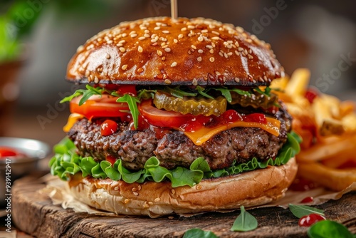 Close-up of a gourmet burger with sesame seed bun and fries