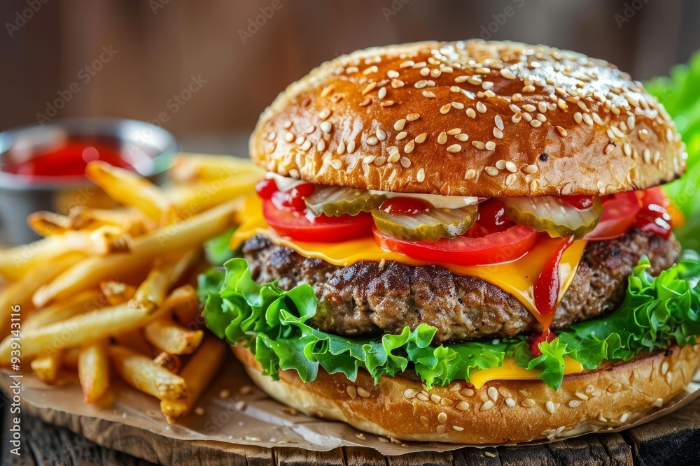Gourmet burger with fresh ingredients and golden fries Gourmet burger with fresh ingredients and golden fries