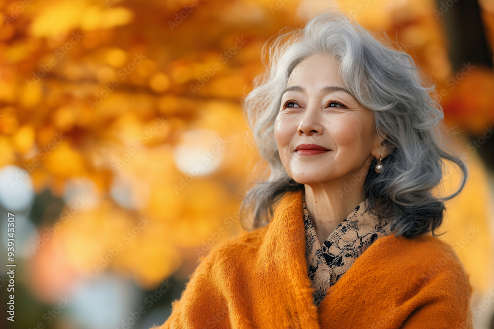 Japanese elderly woman breathing a fresh air in the autumn park, meditation Japanese elderly woman breathing a fresh air in the autumn park, meditation