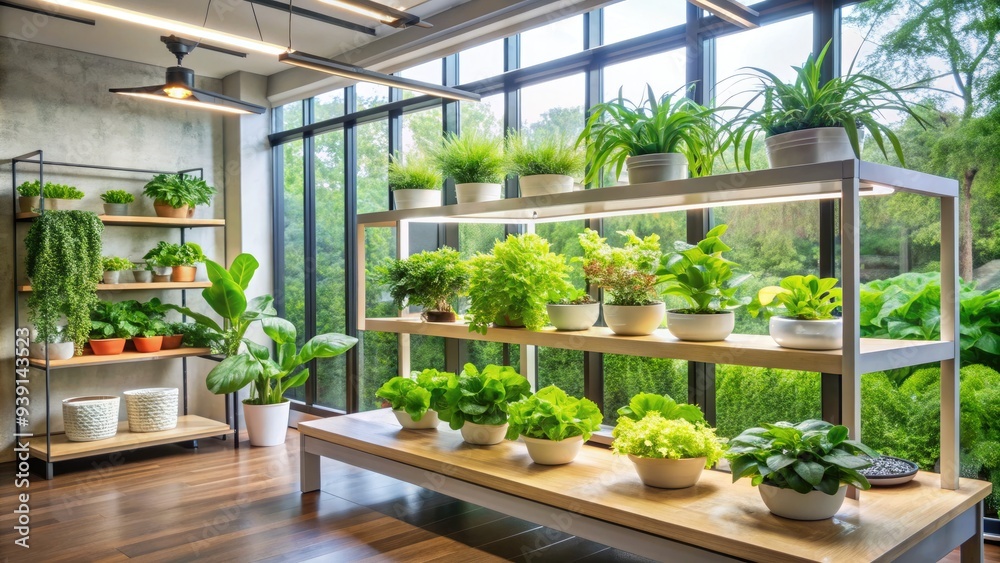 Indoor garden showcases a lush array of leafy greens thriving in a hydroponic system, illuminated by soft natural light, surrounded by modern home decor. Indoor garden showcases a lush array of leafy greens thriving in a hydroponic system, illuminated by soft natural light, surrounded by modern home decor.