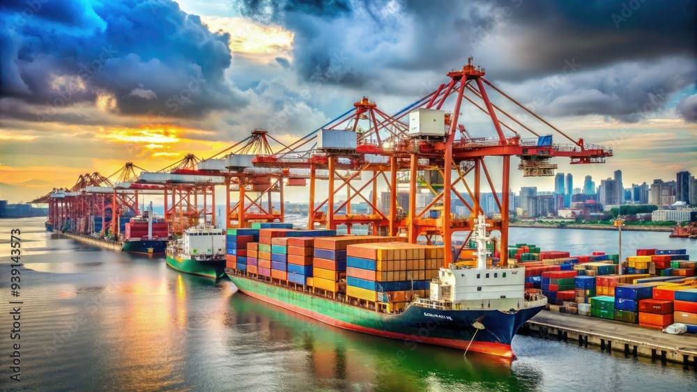 Dock In Port Industrial cargo ships dock at a bustling port, with towering cranes ...
